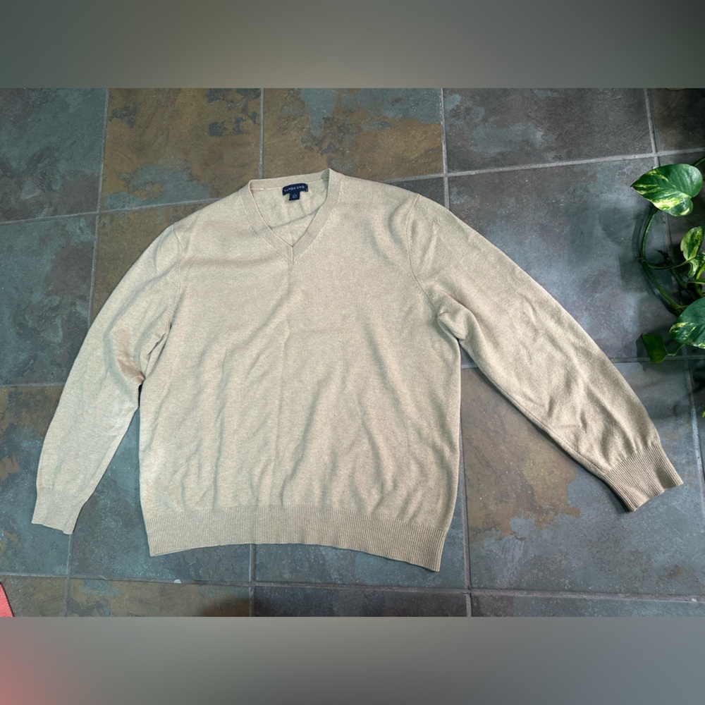 Lands End Sweater Mens Large Beige 100% Cashmere V Neck Pullover Knit Soft